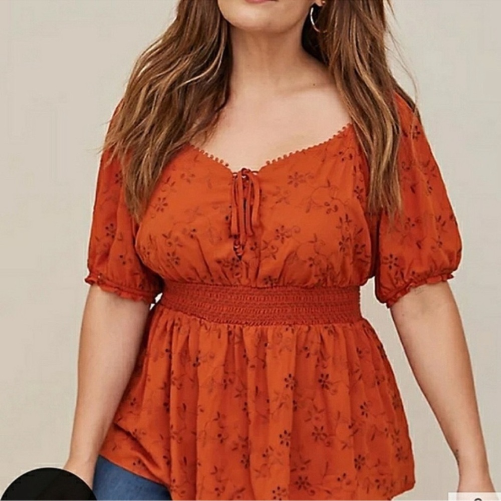 Torrid Georgette Eyelet Smocked Waist, Puffed Sleeve Top